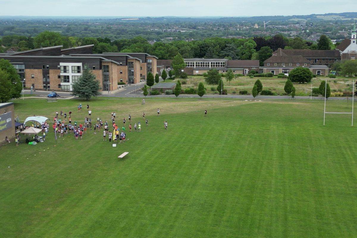 Aerial view of the start field at Harcourt Hill with Oxford on the horizon